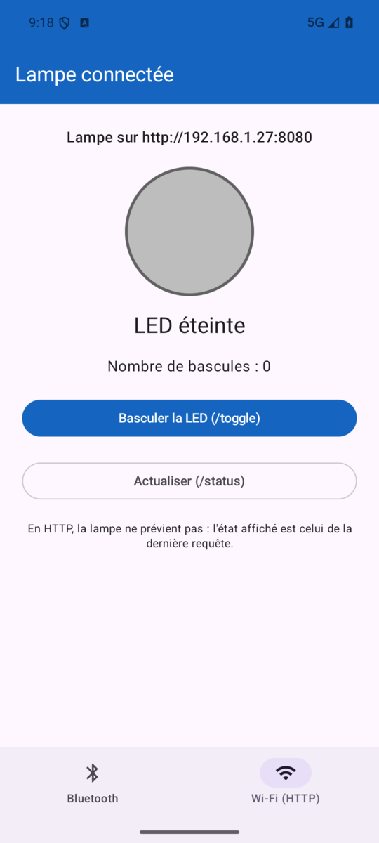 L'écran Wi-Fi : la lampe a répondu, LED éteinte