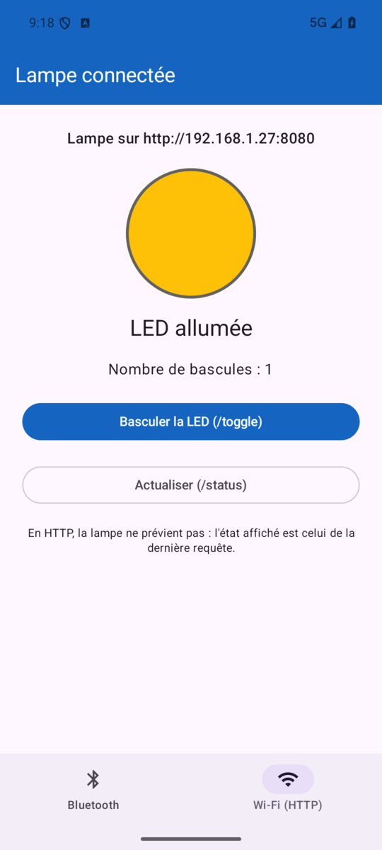 La même lampe pilotée en Wi-Fi (HTTP)
