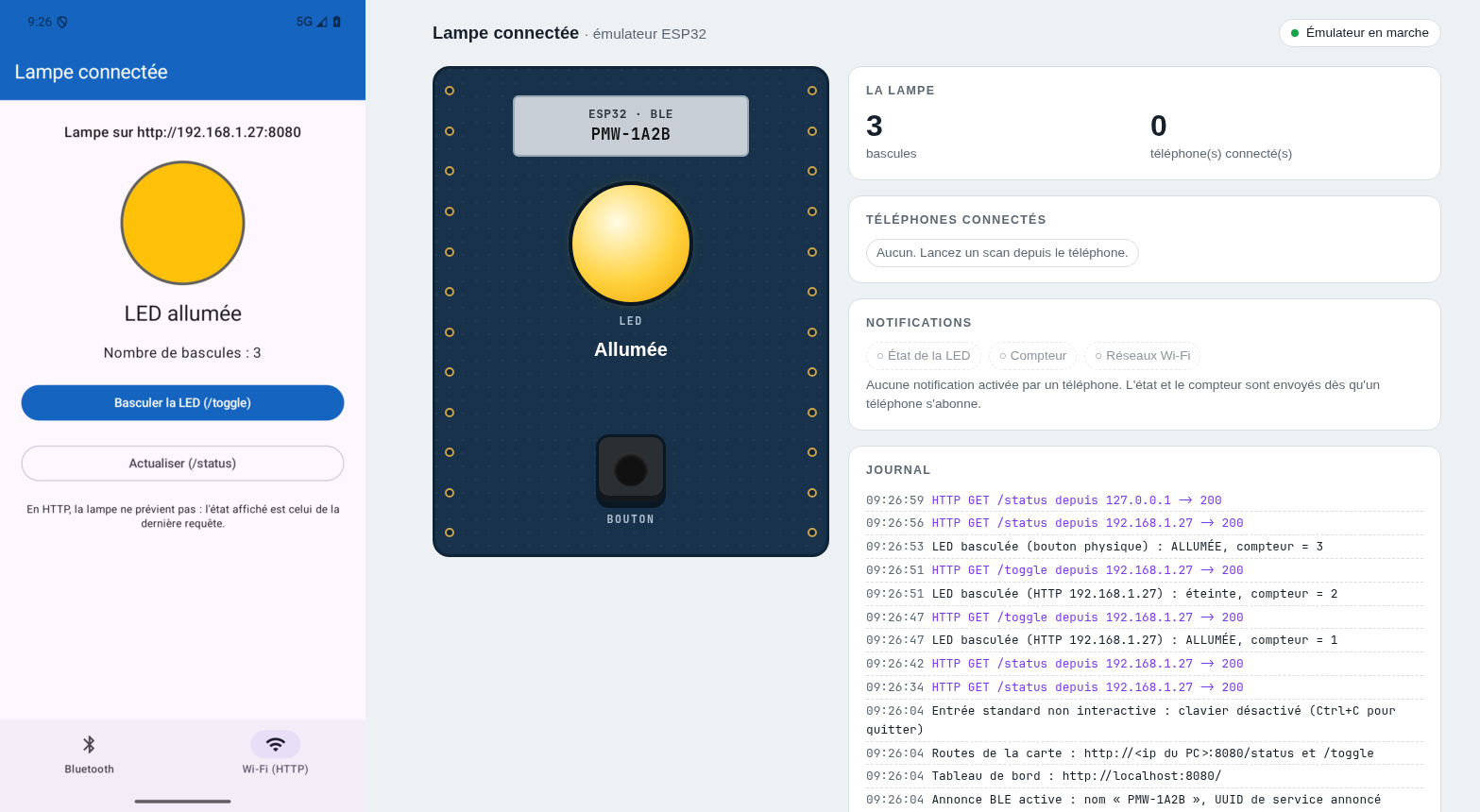 L'application en Wi-Fi et le tableau de bord de la lampe, synchronisés après une actualisation