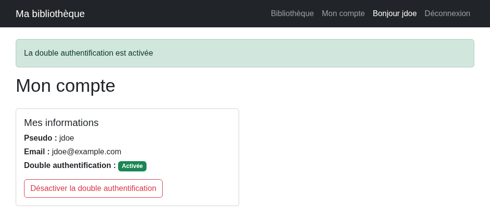 La page Mon compte de la bibliothèque, avec l'état de la 2FA et le bouton pour la désactiver