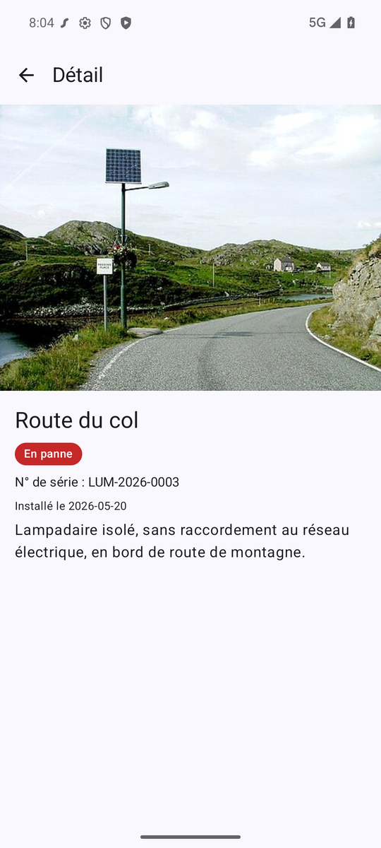 L'application Android : le détail d'un lampadaire en panne