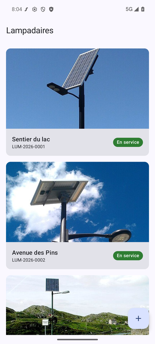 L'application Android : la liste des lampadaires