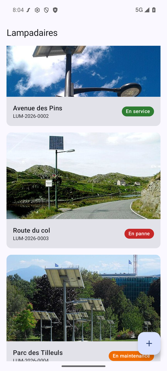 L'état Lampadaires : photos chargées par Coil et pastilles de statut