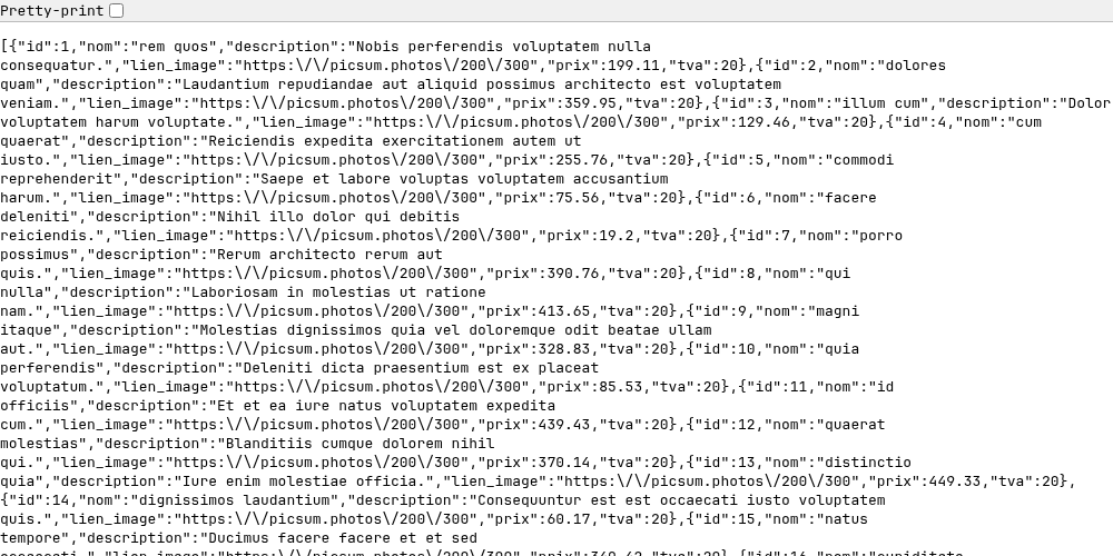 La liste des produits en JSON dans le navigateur