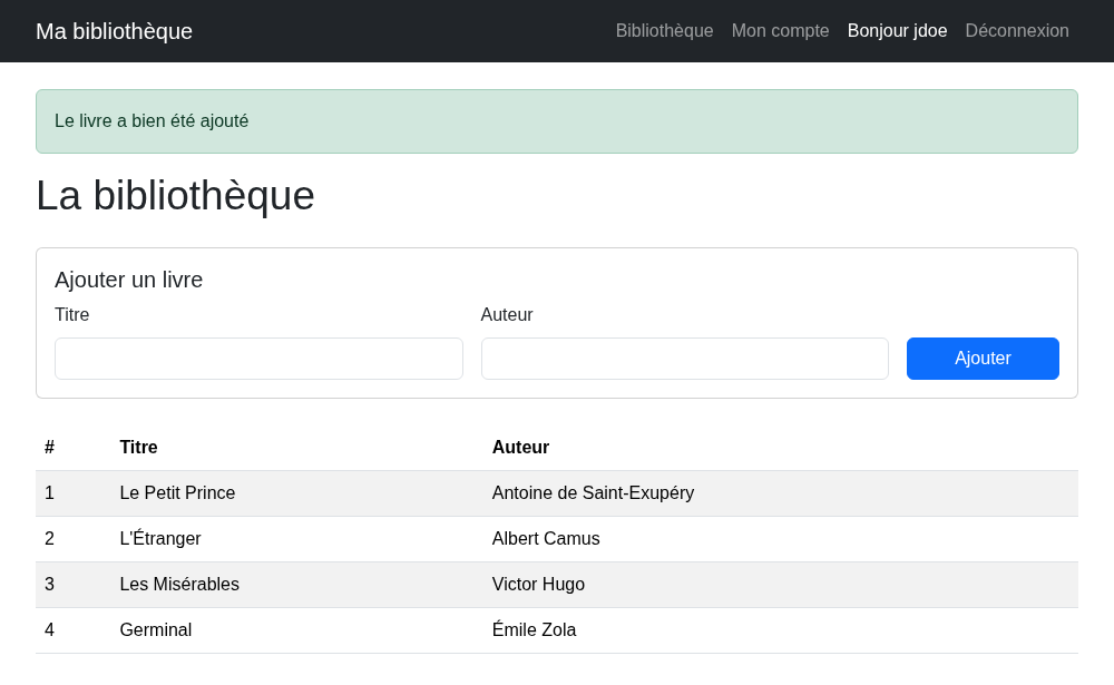 La bibliothèque vue par un membre connecté : le formulaire d'ajout et le pseudo dans le menu