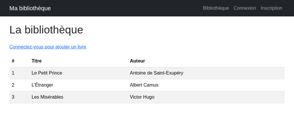 La bibliothèque vue par un visiteur : la liste est visible, un lien invite à se connecter pour ajouter un livre