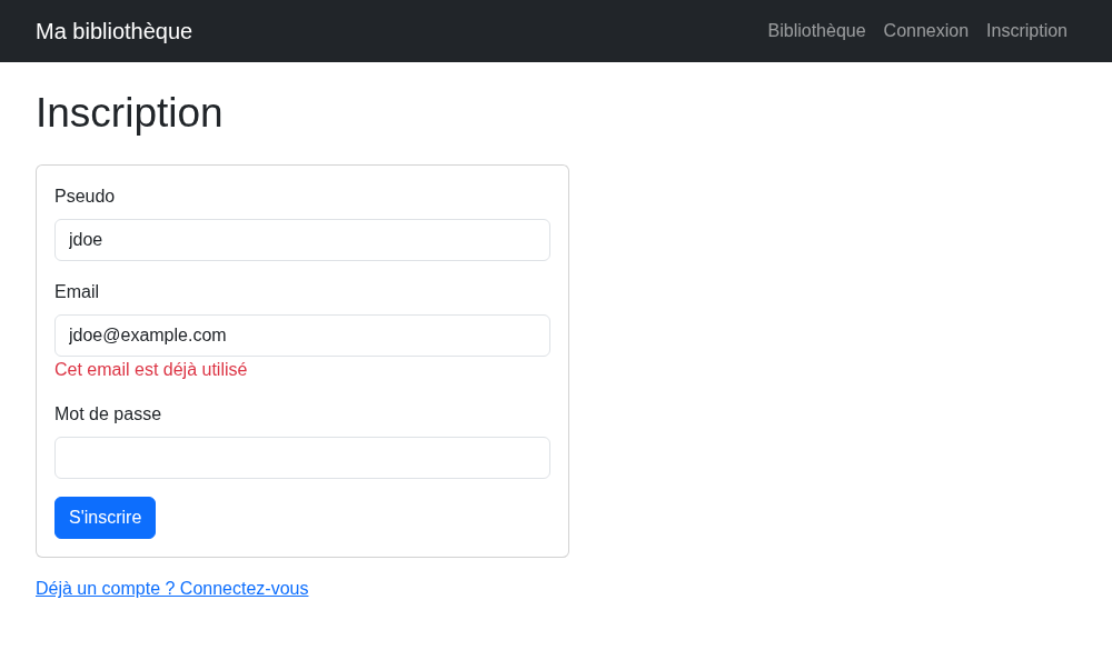 L'inscription refusée : l'erreur sous le champ email, le pseudo et l'email conservés