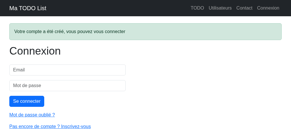 Après l'inscription, retour sur la connexion avec le message flash