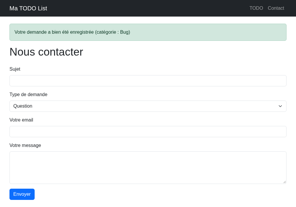 Le formulaire de contact avec son menu déroulant et le message de confirmation indiquant la catégorie