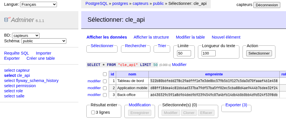 La table cle_api : uniquement des empreintes