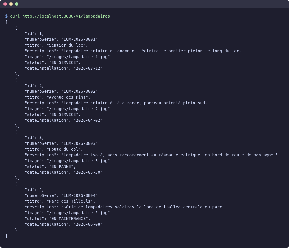 curl affiche la liste des lampadaires en JSON