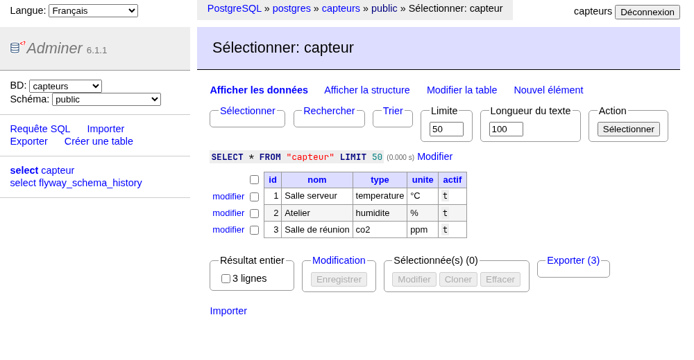 La table capteur dans Adminer