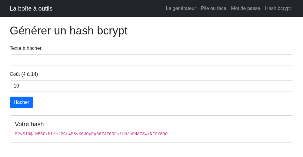 La sous-page du générateur de hash