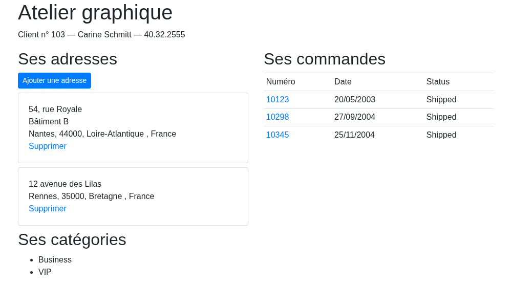 La page de détail d'un client