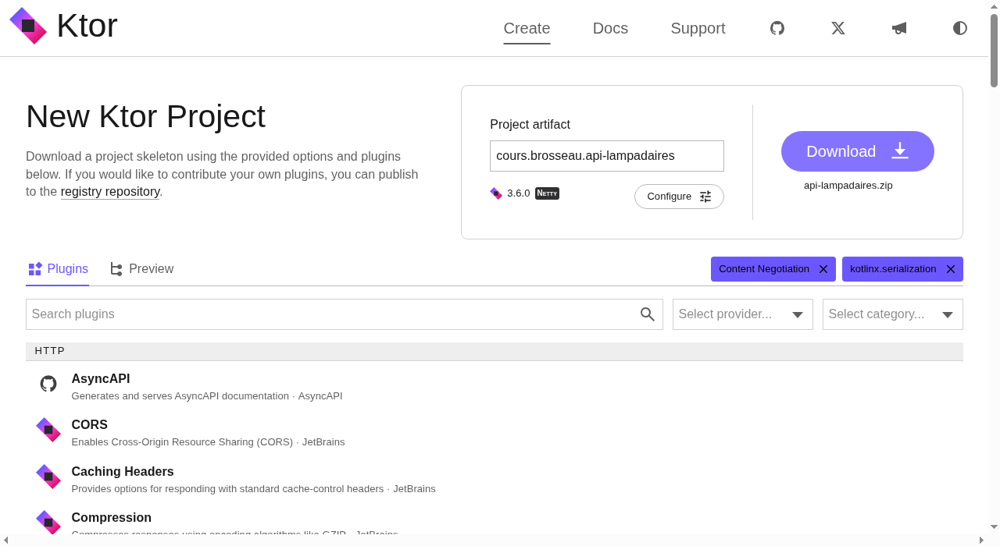 Le générateur de projet Ktor, avec les deux plugins