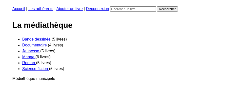 La page d'accueil avec les six catégories et leur nombre de livres