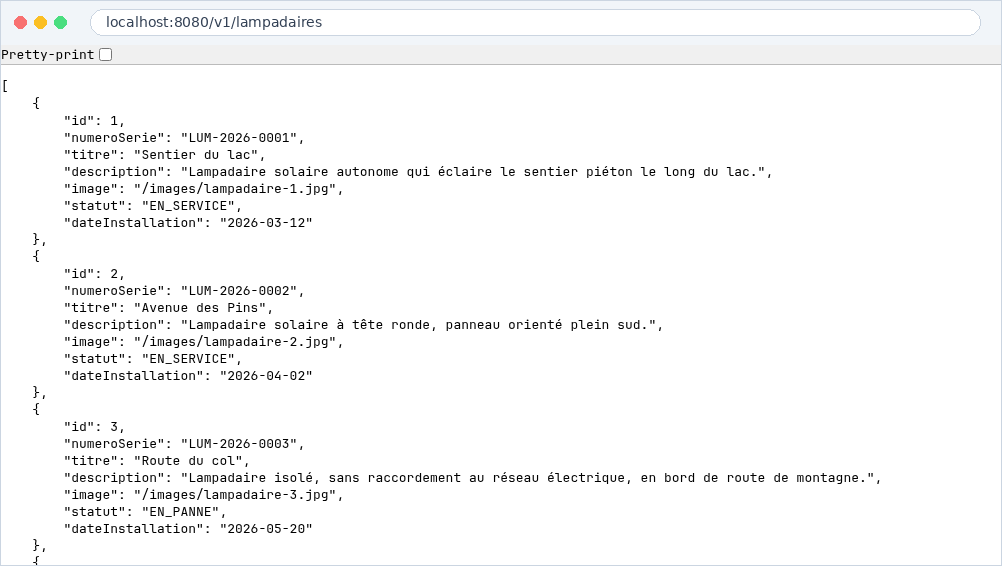 La liste des lampadaires en JSON, dans le navigateur