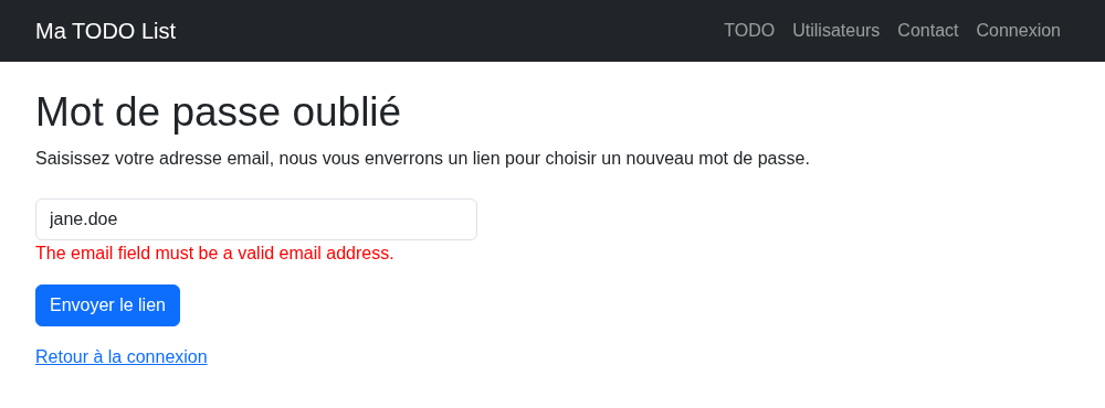 Erreur de validation sur l'email