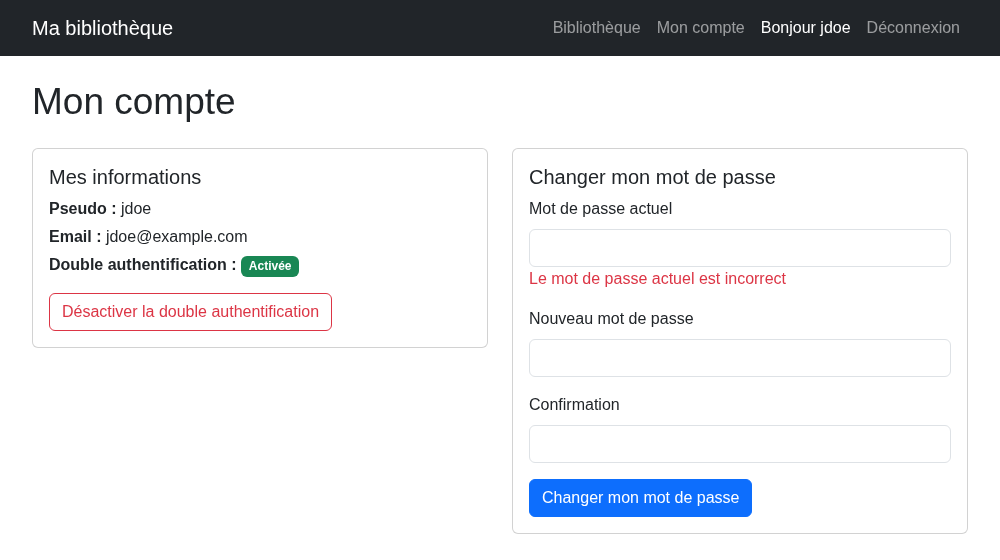 La page Mon compte avec le formulaire de changement de mot de passe, et l'erreur sous le champ du mot de passe actuel