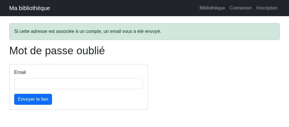 Le formulaire « mot de passe oublié » de la bibliothèque, avec le message de confirmation