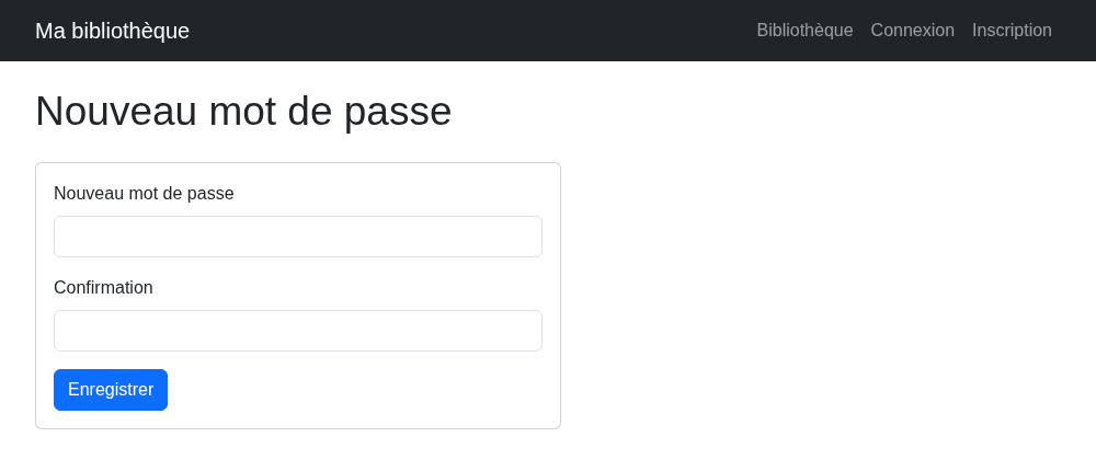 Le formulaire de nouveau mot de passe de la bibliothèque