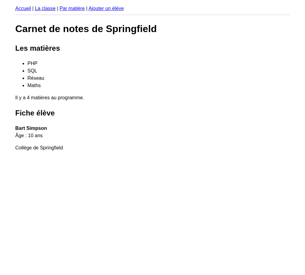 La page d'accueil avec la liste des matières et la fiche de Bart
