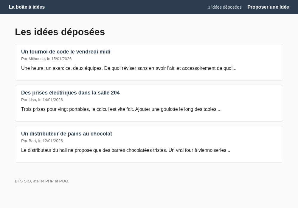 La page d'accueil de la boîte à idées