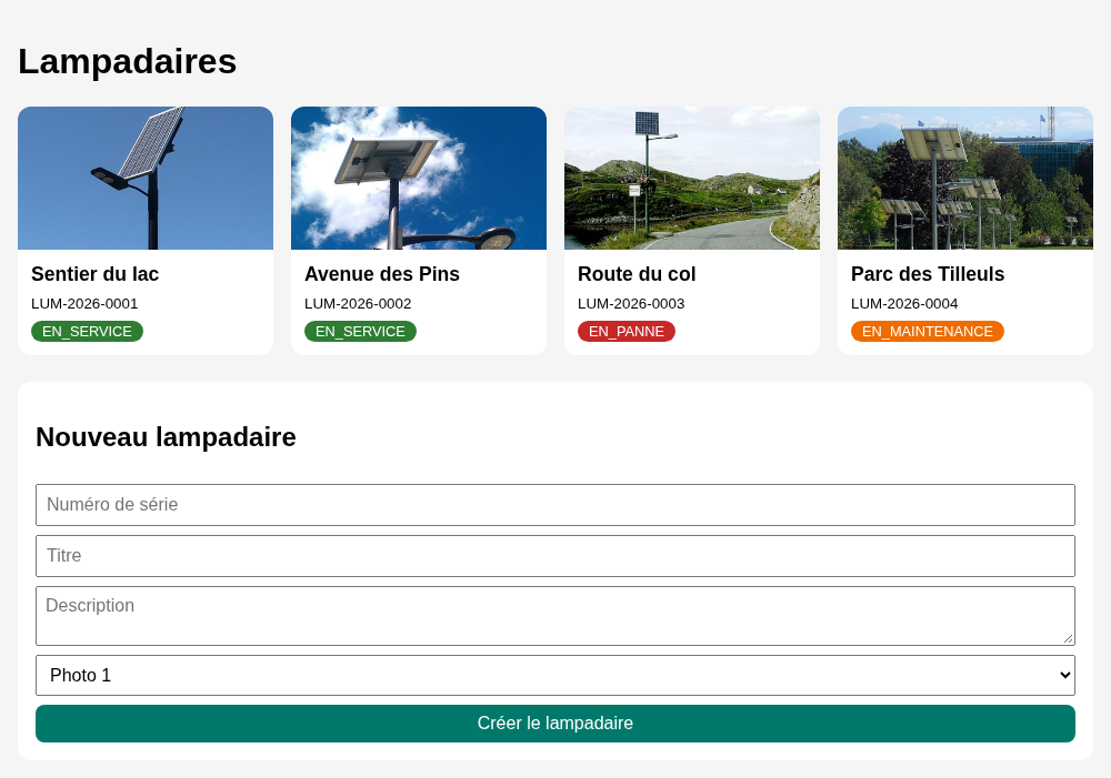 La page Vue.js affiche les lampadaires de l'API