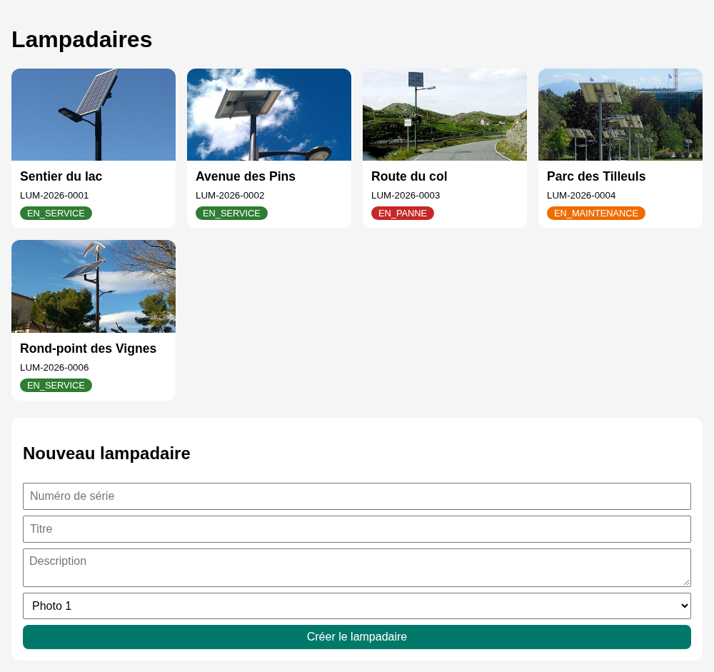 Après l'ajout depuis la page, le nouveau lampadaire apparaît dans la grille